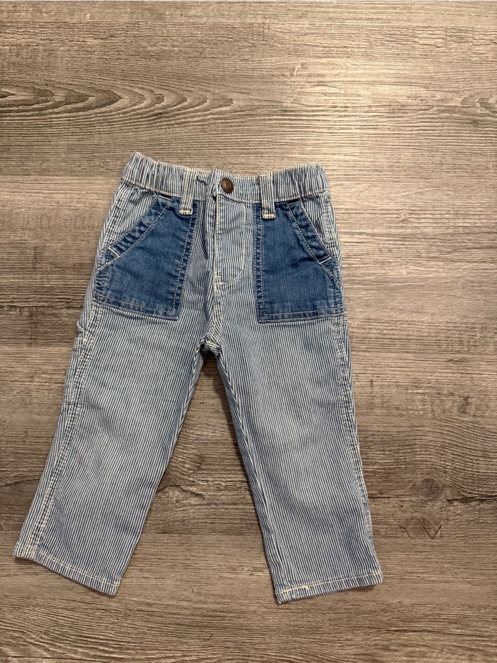 Striped Light Blue Denim Jeans with Dark Blue Patch Pockets